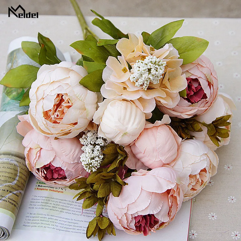 

Meldel Bride Wedding Bouquet Artificial Silk Rose Peony Flower DIY Home Prom Party Decorations Wedding Table Center Accessories
