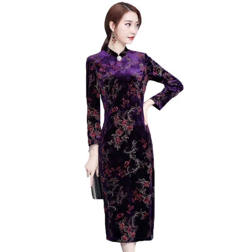 Blue Navy Classic Vintage Traditional Chinese Style Elegant Cheongsam Dress Charming Long Sleeve Mid-Calf Evening Qipao Dresses |