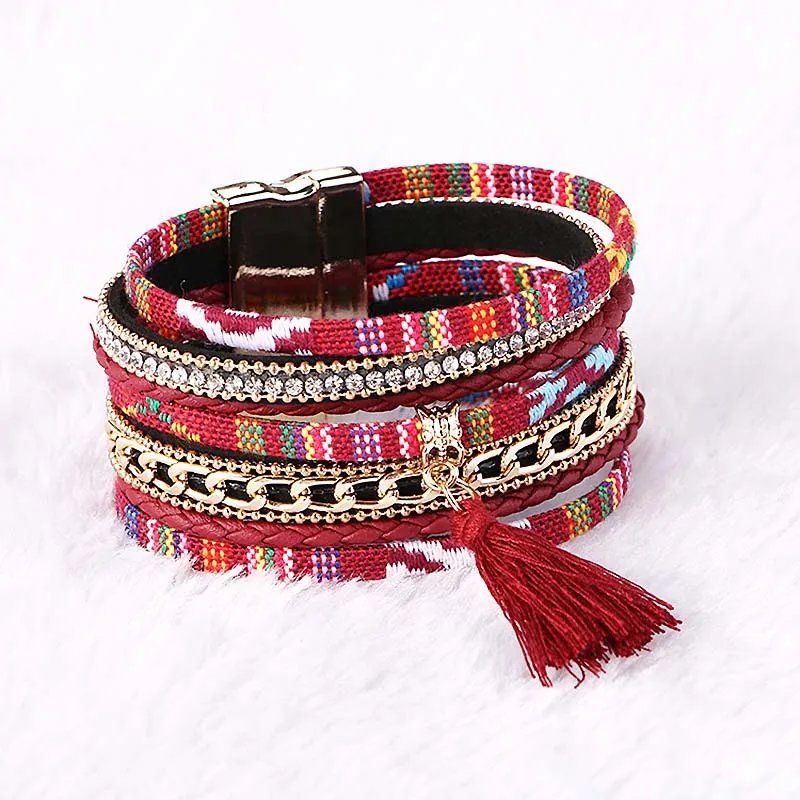 LNRRABC новые кожаные Многослойные кисточки подвеска Кристалл Стразы браслет
