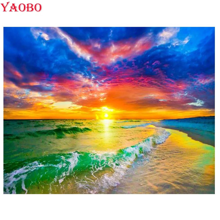 Yaobo DIY Алмазная вышивка пляж океан закат картина искусства с бриллиантами полная