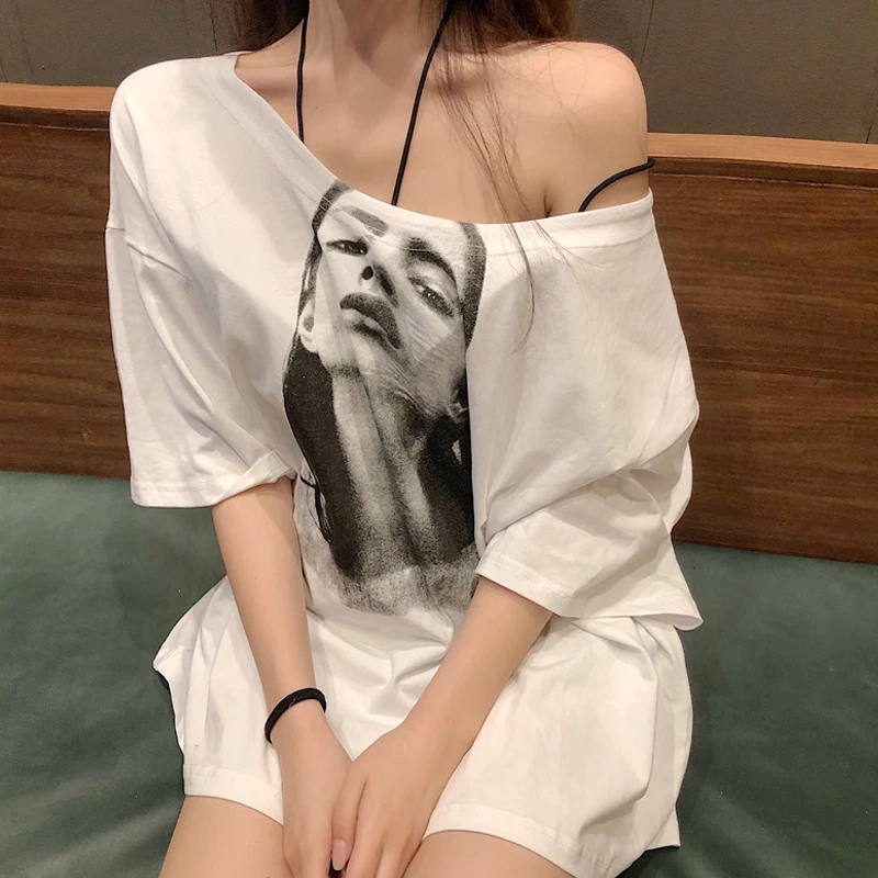 

Женские свободные топы с открытыми плечами и воротником-лодочкой, женская футболка с принтом, футболка для девочек