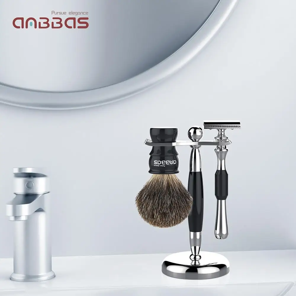Anbbas 3pcs Wet Shaving Set with Pure Badger Hair Brush and Alloy Solid Ebony Wood Razor Stand Holder | Красота и здоровье