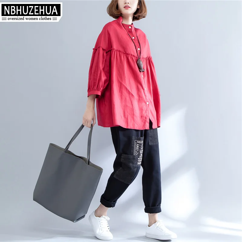 Женская винтажная рубашка NBHUZEHUA 7G337 4XL 5XL 6XL повседневная красная льняная в