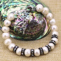 natural white pearl beads 9 10mm beaded bracelet bangle for women gifts black crystal spacer unique diy jewelry 7 5inch b3093