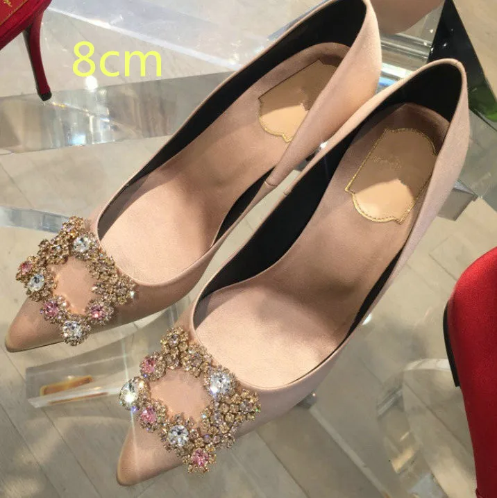 Champagne - 8 cm Г.,, женские атласные туфли-лодочки с острым носком, украшенные цветами и кристаллами, с пряжкой, женские вечерние туфли на высоком каблуке для свадьбы - Цвет: Champagne - 8 cm