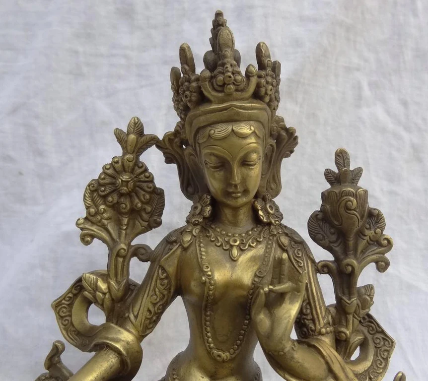00242 8&quot Tibet Pure Bronze Buddhist Lotus Protect Green Tara Goddess Buddha Statue (A0414) | Дом и сад
