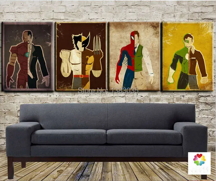 Ручной Холст Картины Ironman Superheros Росомаха Человек-Паук Зеленый Фонарь 4 Шт.