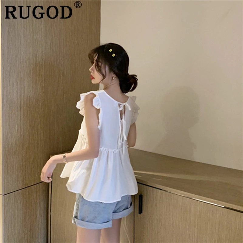 RUGOD Vintage white lace up women shirts Elegant V neck sleeveless solid blouse female 2019 summer korean ruffles tops ladies | Женская