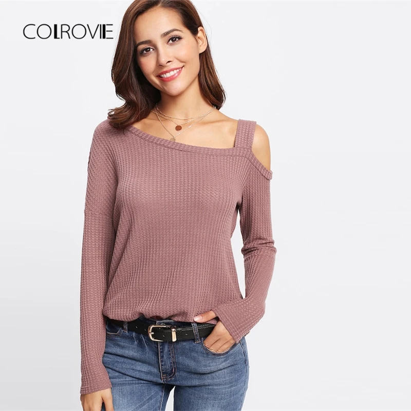 COLROVIE, черная Асимметричная розовая футболка с вырезом, женская одежда, осень, Имбирная модная футболка с длинным рукавом, корейские Топы