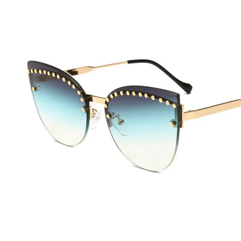 Женские солнцезащитные очки без оправы серые и синие кошачий глаз с градиентом