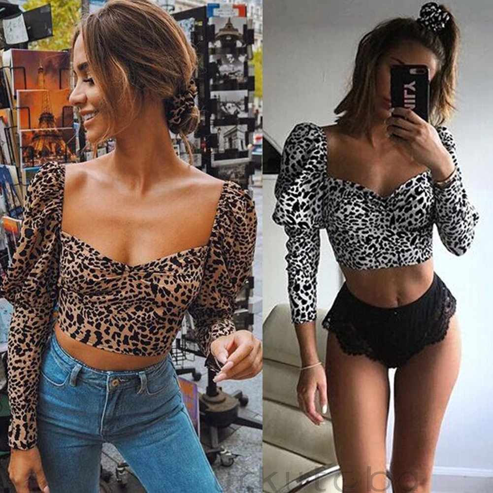 

Women Scoop Neck Long Sleeve Leopard Crop Tops Ladies Bandage Tank Tops Shirt