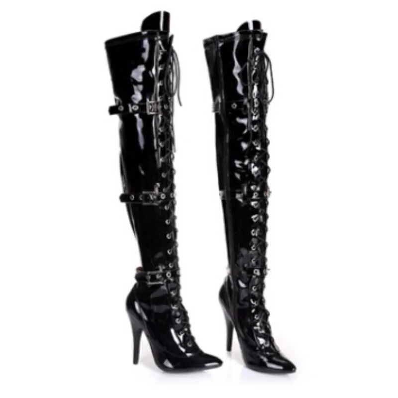 Сапоги женские выше колена на каблуке 12 см со шнуровкой с пряжкой пикантные