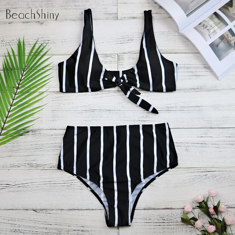 Купальник женский с высокой талией черный в полоску|biquini up|biquini womanbiquini beach |