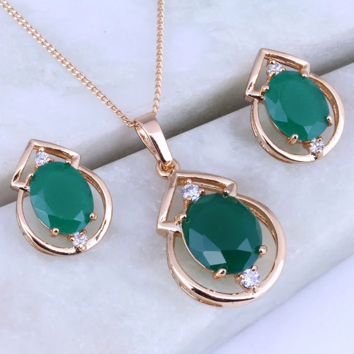 Женский комплект из колье и серёг с искусственным зелёным камнем|jewelry sets for