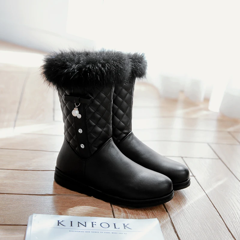 NEW fashion warm Mid-Calf snow boots women round toe soft leather warm Rabbit Fur winter thick fur ladies winter shoes