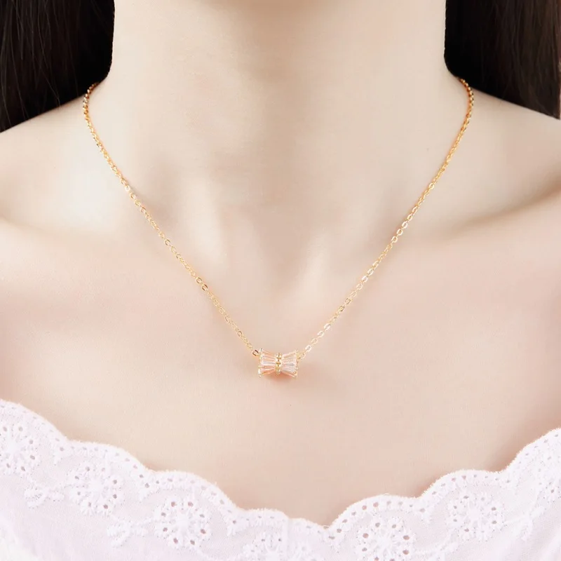 OMHXZJ Wholesale Personality Fashion OL Woman Girl Party Wedding Gift Gold Bowknot AAA Zircon 18KT Pendant Necklace NC145 | Украшения и