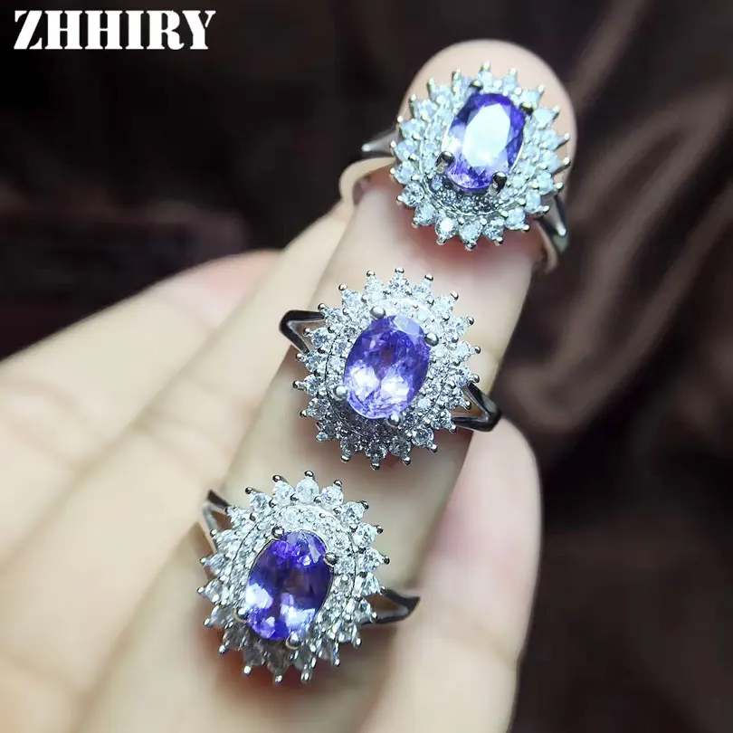 ZHHIRY натуральный голубой танзанит 925 Серебряное кольцо с драгоценным камнем для женщин цветок кольца настоящее драгоценное ювелирные изделия