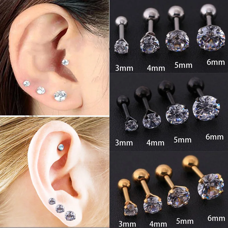 Серьги гвоздики Starbeauty 1 2*6 + 3/4/5/6 мм с круглым цирконом для верхней хрящевой ткани
