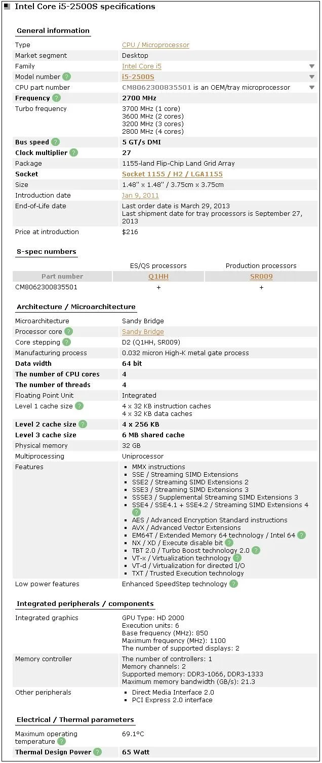 Процессор Intel Core i5 2500S 2,7 ГГц Quad-Core 6 м 5GT/s аудио процессор SR009 socket 1155 процессор