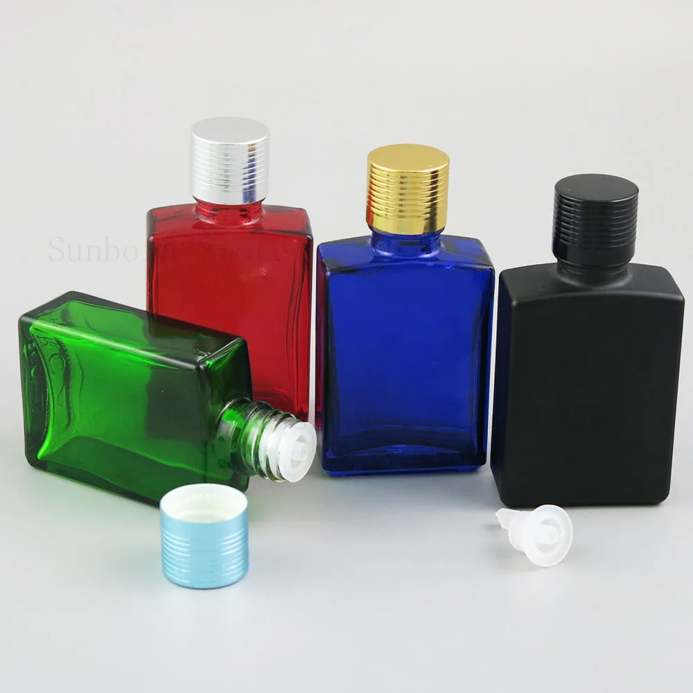 

20pcs 30ml 1oz Square Flat Black White Clear Red Blue Green Glass Bottle With Aluminium Lid Perfume Essential Oil Bottles