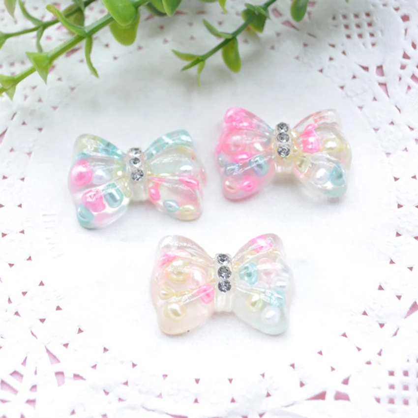 

Material For Diy Decoration Hot And Kawaii 10pcs 35*25mm Flat Back Cabochons Resin Bow With Pearl In It