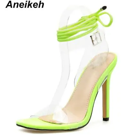 Fluorescent green Aneikeh/ г. пикантные прозрачные босоножки на высоком тонком каблуке из ПВХ женская обувь летние туфли-лодочки на шнуровке с перекрестными ремешками и квадратным носком размер 42 - Color: Fluorescent green