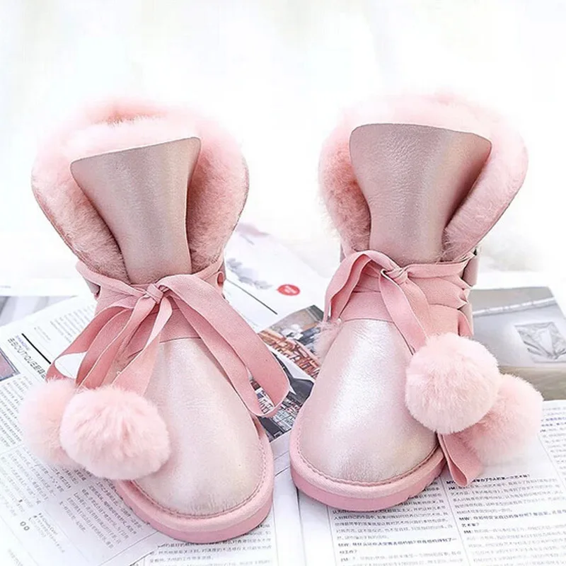 Pink UVWP/модные женские зимние ботинки наивысшего качества; ботинки из натуральной овечьей кожи; натуральный мех; Шерсть; теплые зимние ботинки; женские ботинки - Цвет: Pink