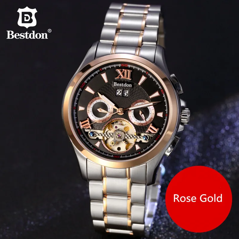 2017 Bestdon Skeleton Tourbillon механические часы автоматические мужские розовые золотые