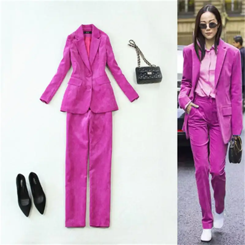 

Fashion suit suit female large size women fall winter new high-quality slim rose red corduroy suit + pants two-piece suit women