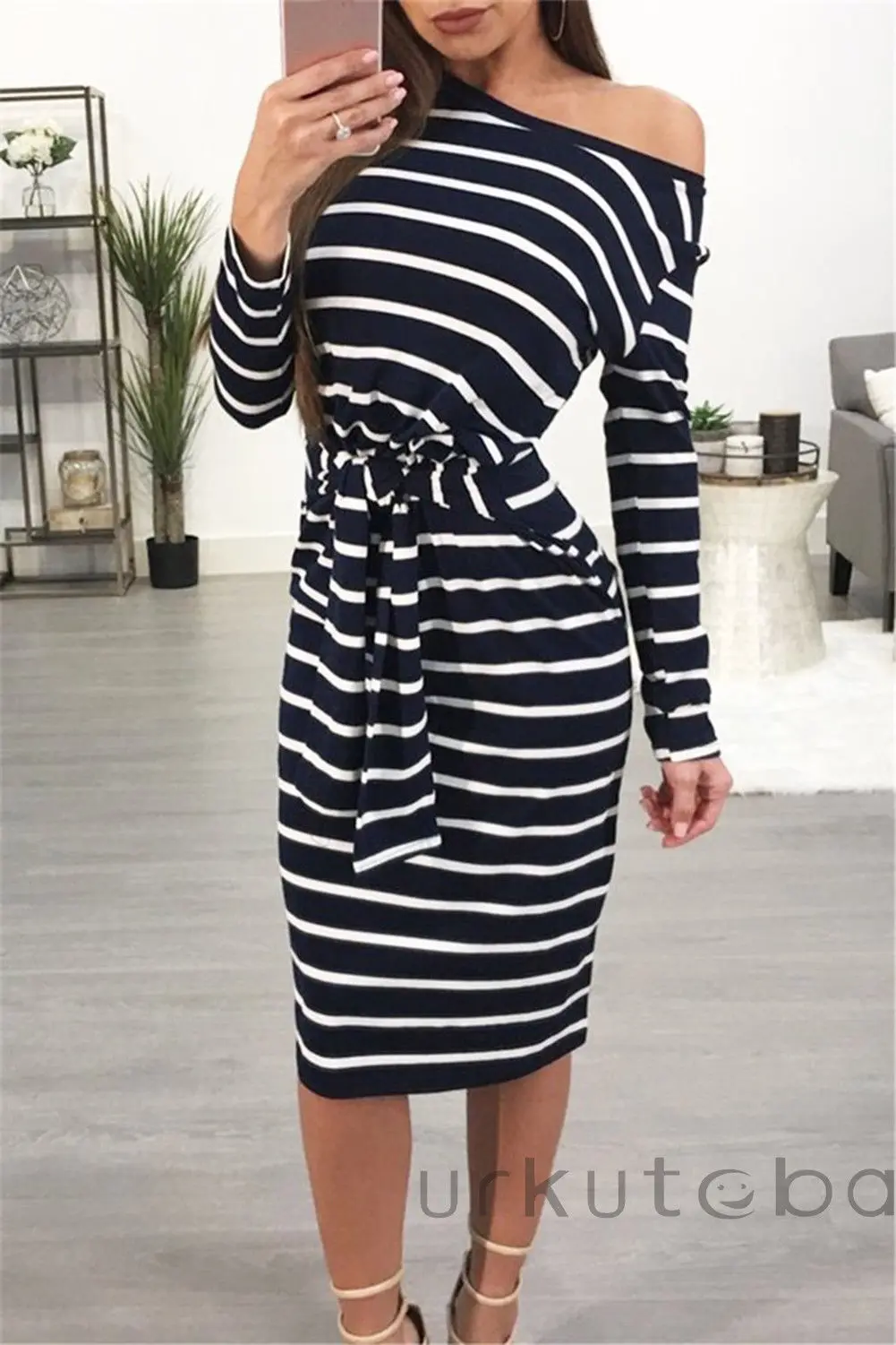 

Striped Bodycon Women Dress 2018 New Slim Bandage Belt High Wasit Maxi Dresses Sexy One Shoulder Women Outfits Plus Size Dress
