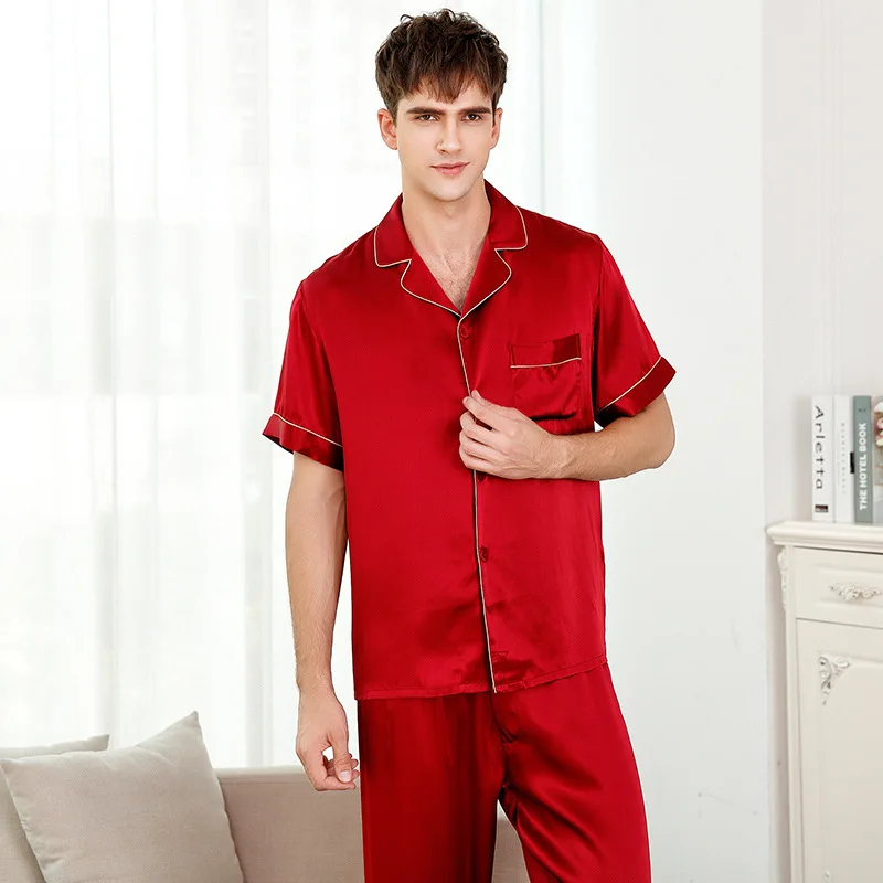 Fashion 100% genuine silk pajamas sets men short sleeves sexy silk pajamas for male pure color silk indoor wear pyjamas mens