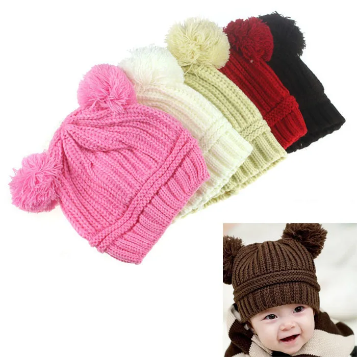Cute Baby Kids Girl Boy Dual Balls Warm Winter Knitted Cap Hat Beanie Free Shipping&Wholesales|beanie winter|beanie hats kidshats testing |