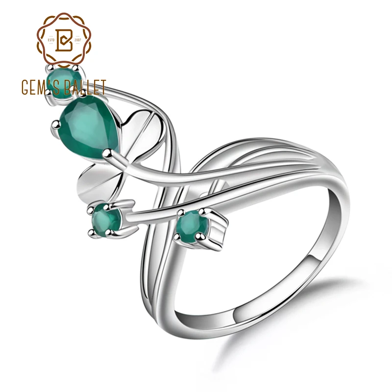 Gem's Ballet, 0.97Ct, натуральный зеленый агат, натуральный камень, кольцо, твердый 925 пробы, Серебряный цветок, кольцо для женщин, свадебное ювелирное изделие