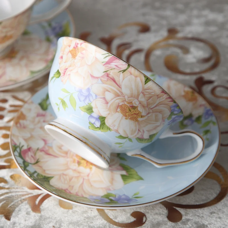 Пасторальный цветочный костяной фарфор чайная чашка блюдце ложка набор