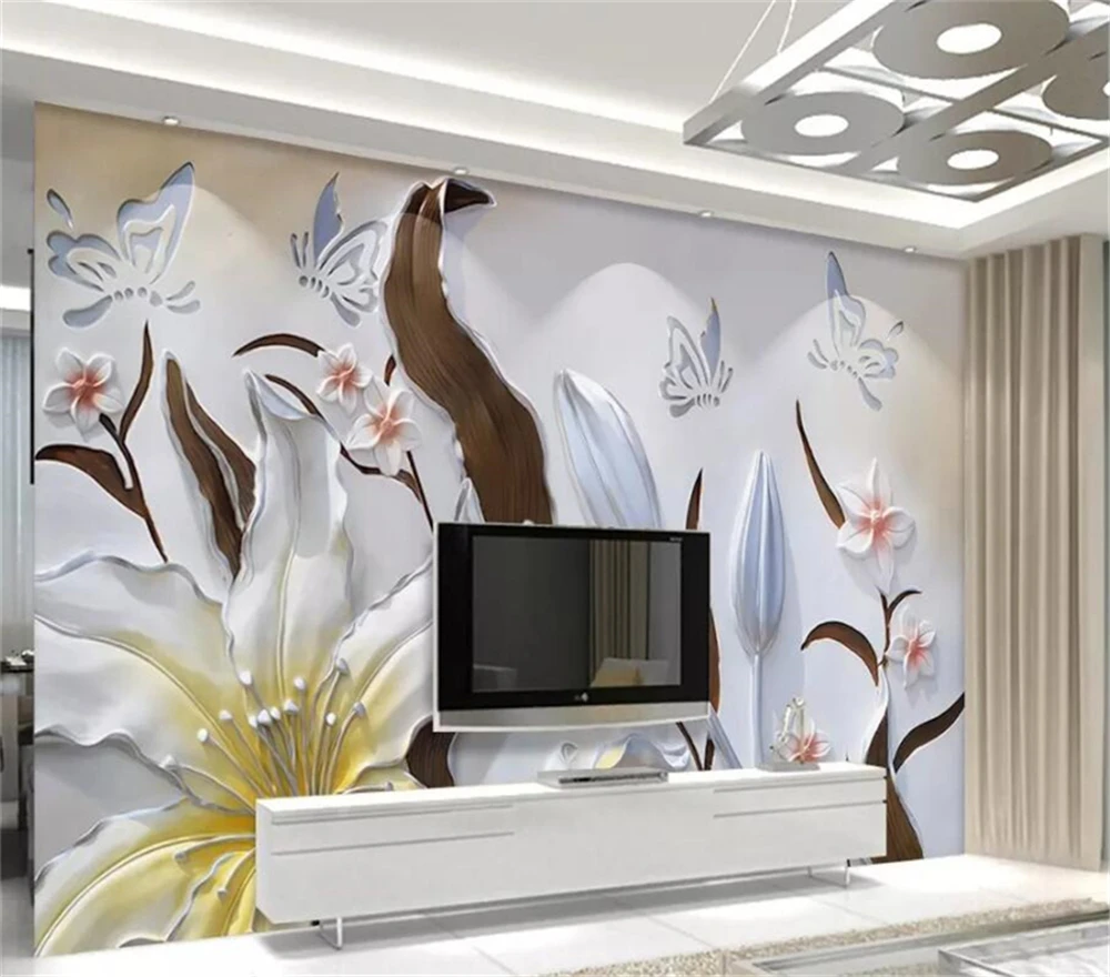 Decorative wallpaper Relief lily butterfly flower 3d background wall | Обустройство дома