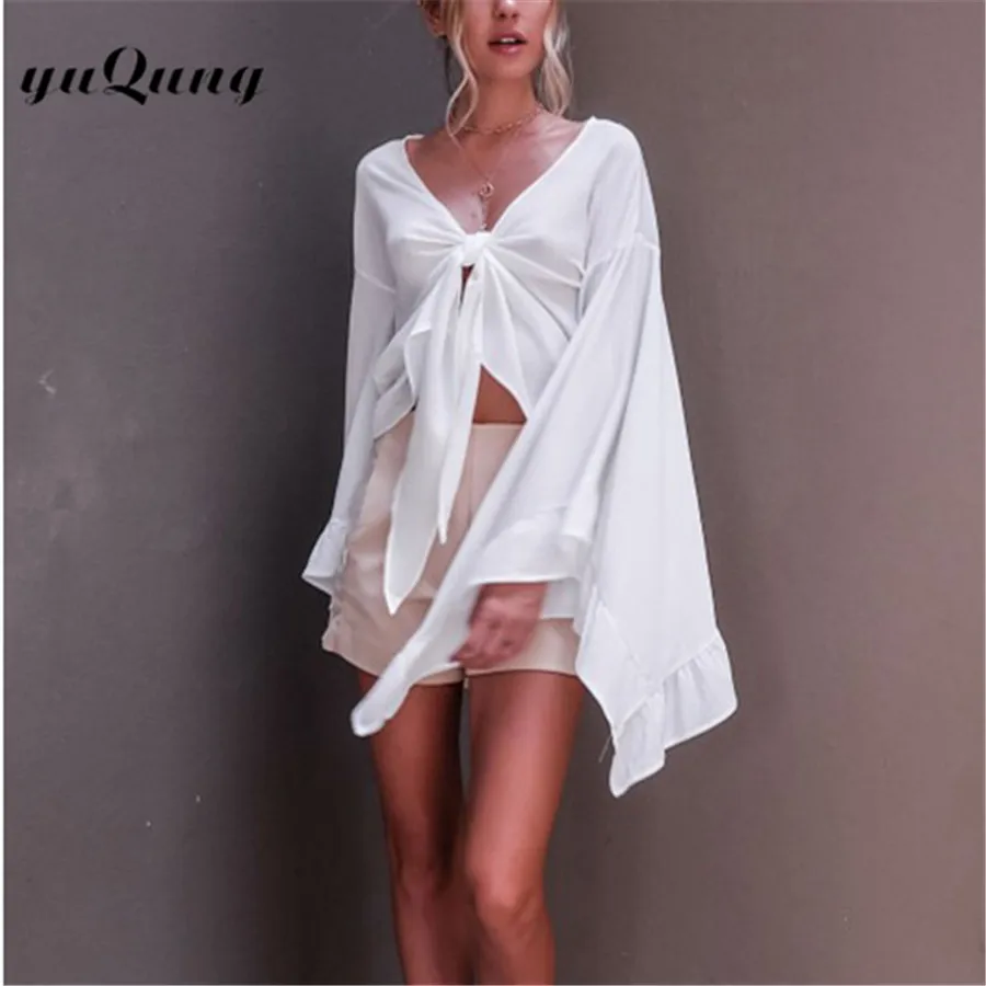 Yuqung пикантные женские рукав фонарик блузка Осень V шеи Lace-Up шифон укороченные