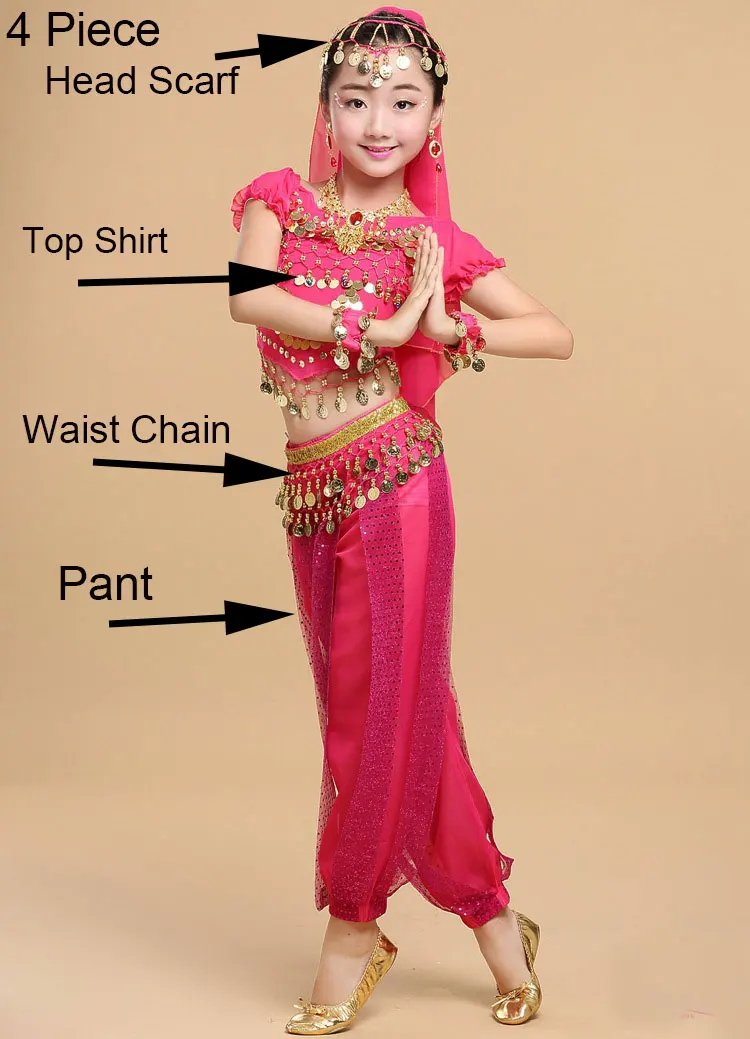 Hot Pink 4 Piece Костюм для танца живота для девочек, детские индийские танцевальные костюмы для девочек, детские танцевальные костюмы для девочек, эгипетский танец для выступлений - Цвет: Hot Pink 4 Piece