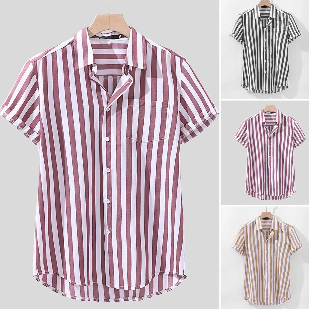 Летняя мужская рубашка chemise, свободные рубашки с короткими рукавами, полосатая Льняная блуза с принтом и карманами, Мужская гавайская рубашка, уличная рубашка camiseta