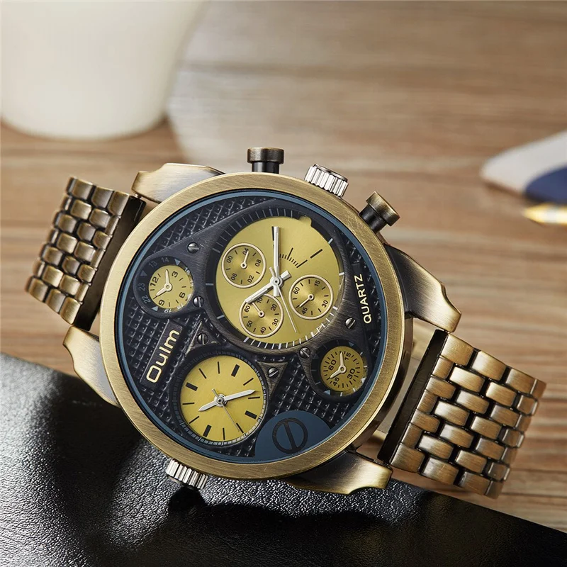 

Oulm Antique Men's Luxury Wrist Watch Male Analog Quartz Clock Dual Time Zone Steel Watchband Military Golden Wristwatch