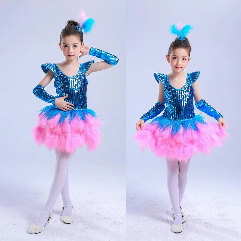 Blue Pink New kids ballroom dress dance costumes Girls Sequined jazz hip hop dancing For Child Stage Party Outfits | Тематическая