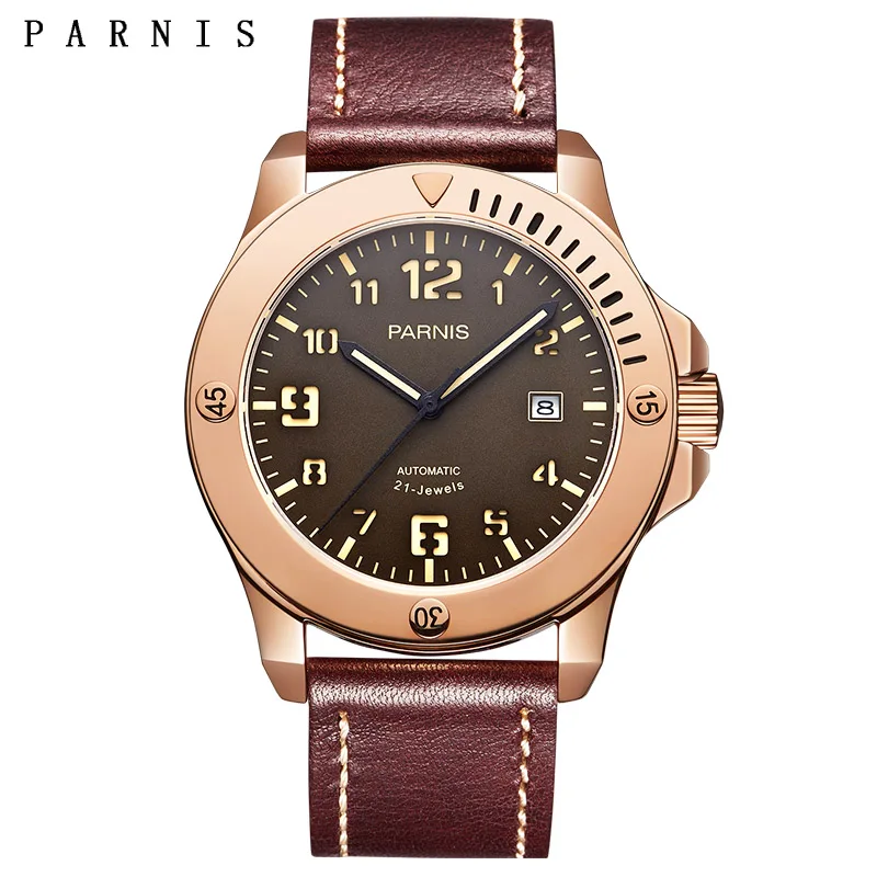 rose gold case 2 Parnis 44 мм черный корпус механические Автоматические Мужские часы светящиеся Авто Дата мужские наручные часы с кожаным ремешком Роскошные otomatik erkek kol saati - Цвет: rose gold case 2