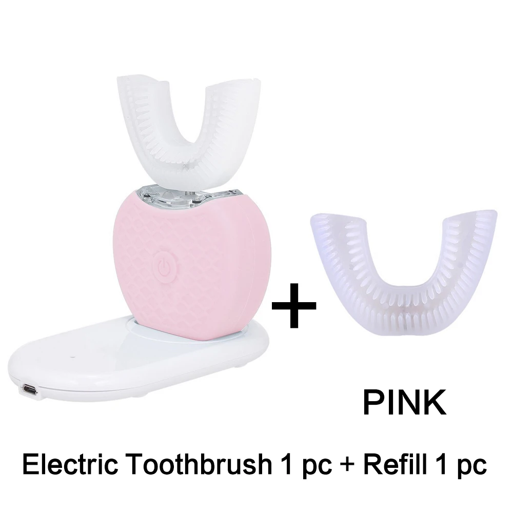 pink Интеллектуальная автоматическая звуковая электрическая зубная щетка с углом обзора 360 градусов, u-образная зубная щетка для отбеливания зубов+ насадка-щетка Refiils - Цвет: pink