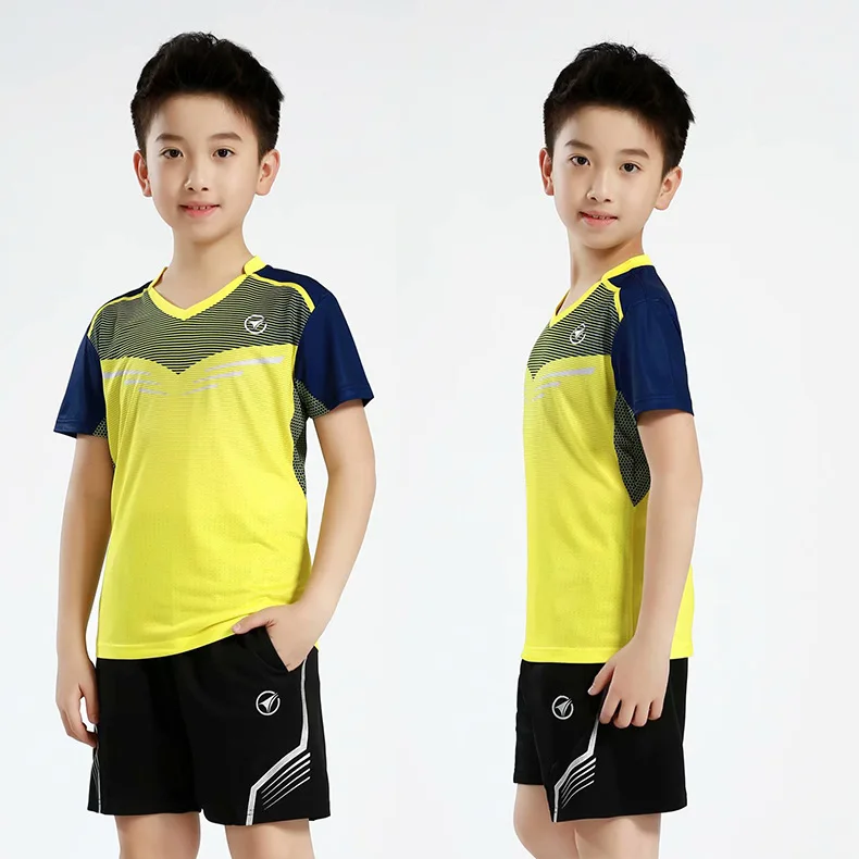 yellow sports set Детский спортивный костюм для мальчиков, тренировочная форма для бега, рубашка с короткими рукавами для бадминтона, шорты, детская спортивная одежда, дышащая Джерси - Цвет: yellow sports set