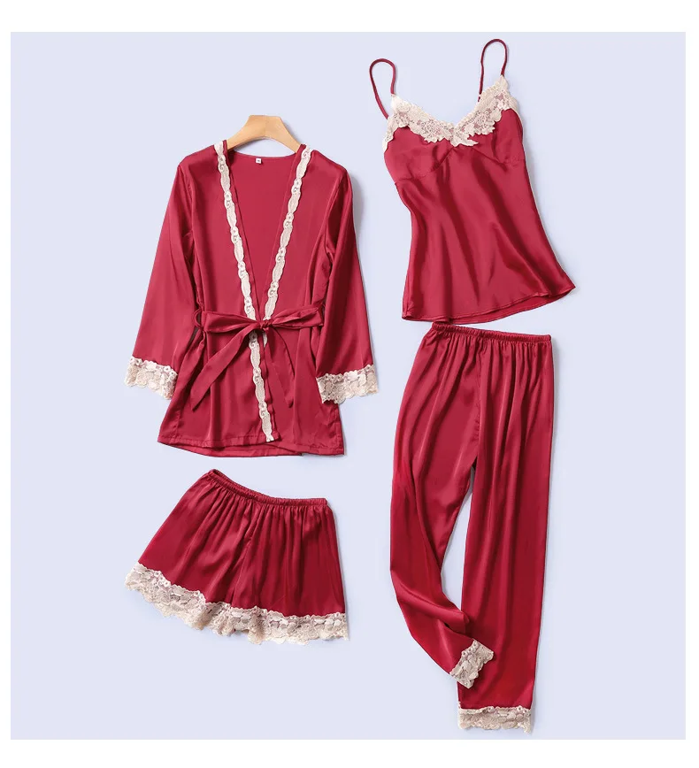 Новые женские пижамные комплекты из 4 предметов топ на бретелях штаны ночной