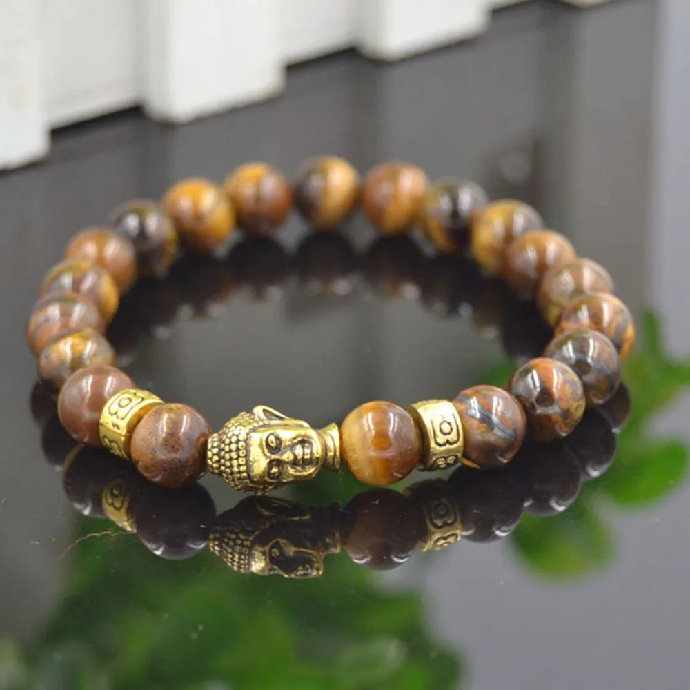 

8MM Natural Tiger Eye Stone Bracelet DIY Beads Transfer Lucky Buddha Head Alloy Charm Bracelet Energy Healing Jewelry Wholesale