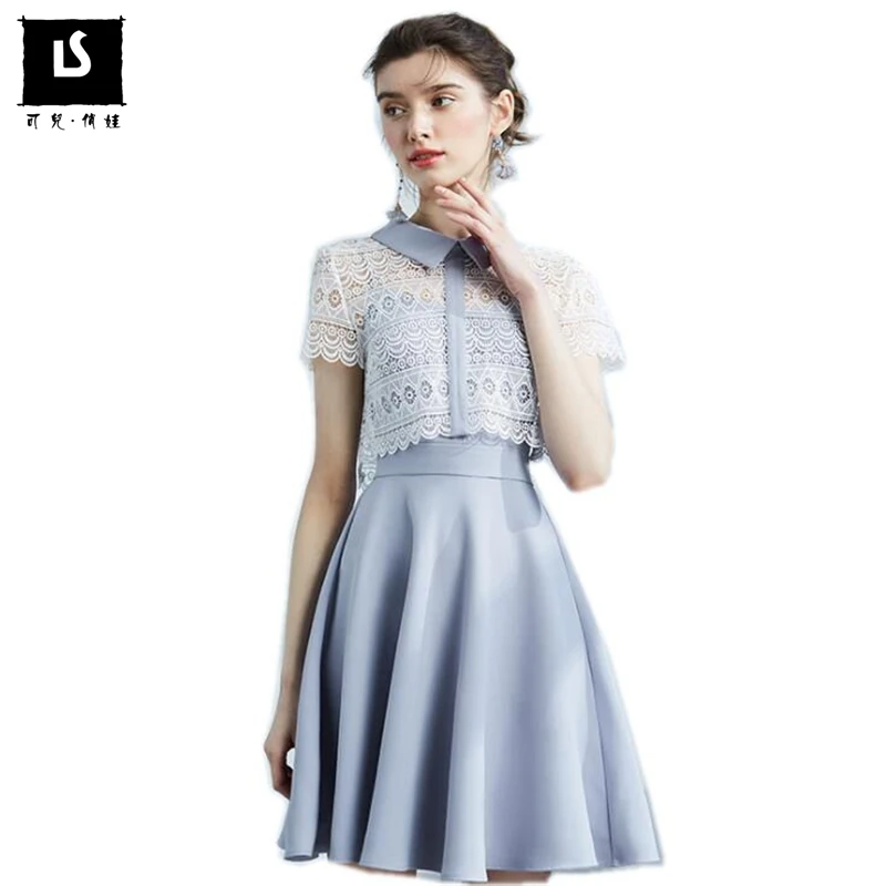 

Summer Lace hollow Dress Women 2020 Casual Office Slim Sexy Backless Beach Dresses Women False two-piece Mini Dress Vestidos