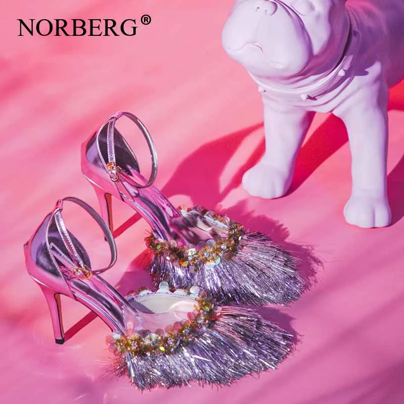 Purple high heel NORBERG/женские туфли на высоком каблуке; дизайн; блестящее зеркало с кисточкой; кожаные свадебные женские босоножки; блестящая модная обувь - Цвет: Purple high heel