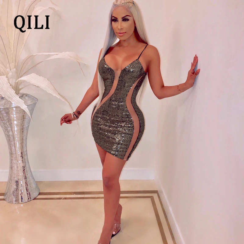 QILI 2019 новое популярное женское платье с блестками Сетчатое лоскутное короткое