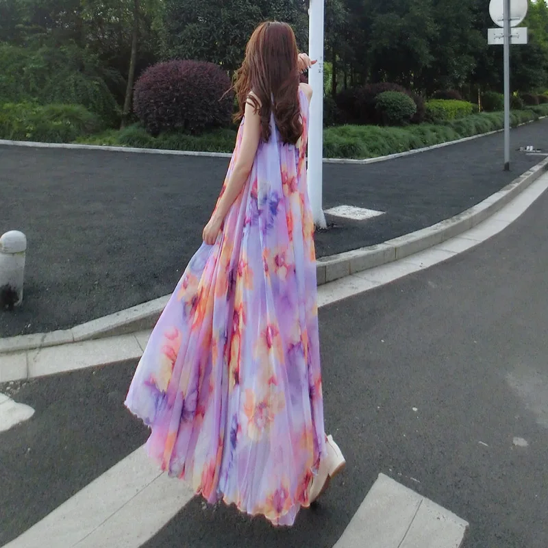 Женское длинное пляжное платье макси лавандовое пикантное шифоновое с цветочным