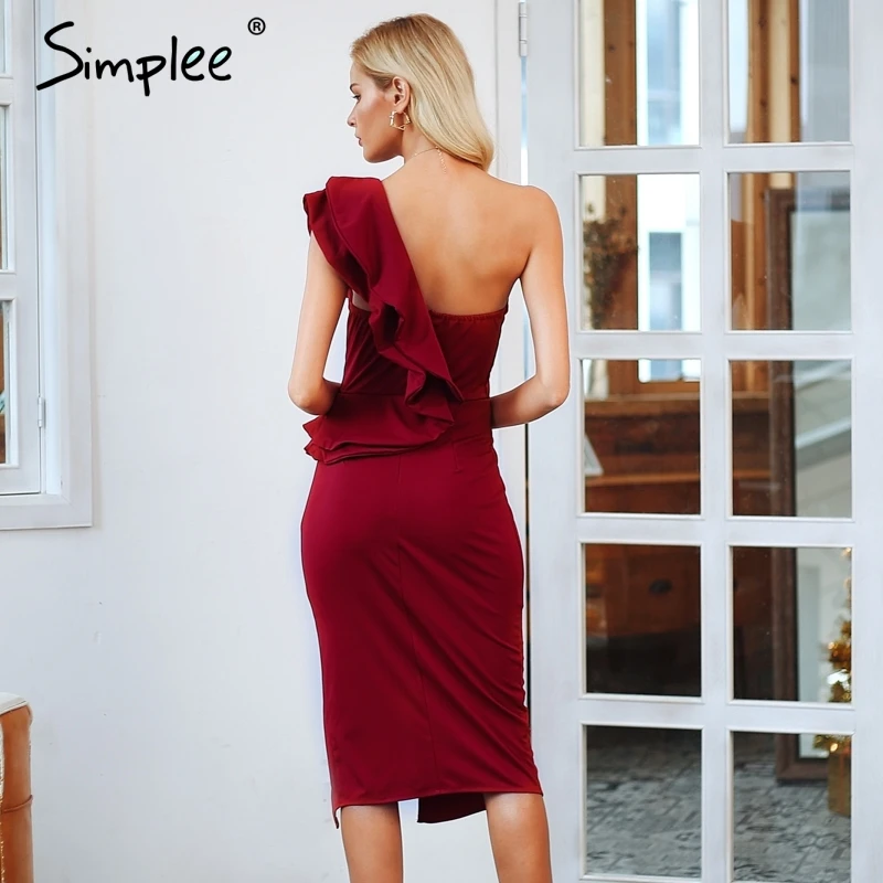 Simplee Сексуальное женское платье на одно плечо с оборками разрезом высокая талия